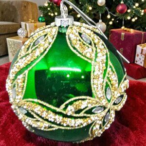 6” Emerald Green Jeweled Christmas Ornament Gold Beaded Luxe Decor
